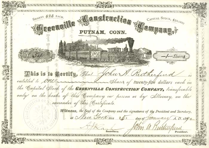 Greenville Construction Co. - 1892 dated Putnam, Connecticut Stock Certificate